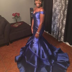 JOVANI- Off shoulder, mermaid layered gown